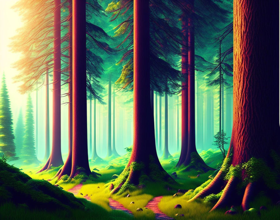 Serene forest scene with tall trees, sunlight, and lush undergrowth