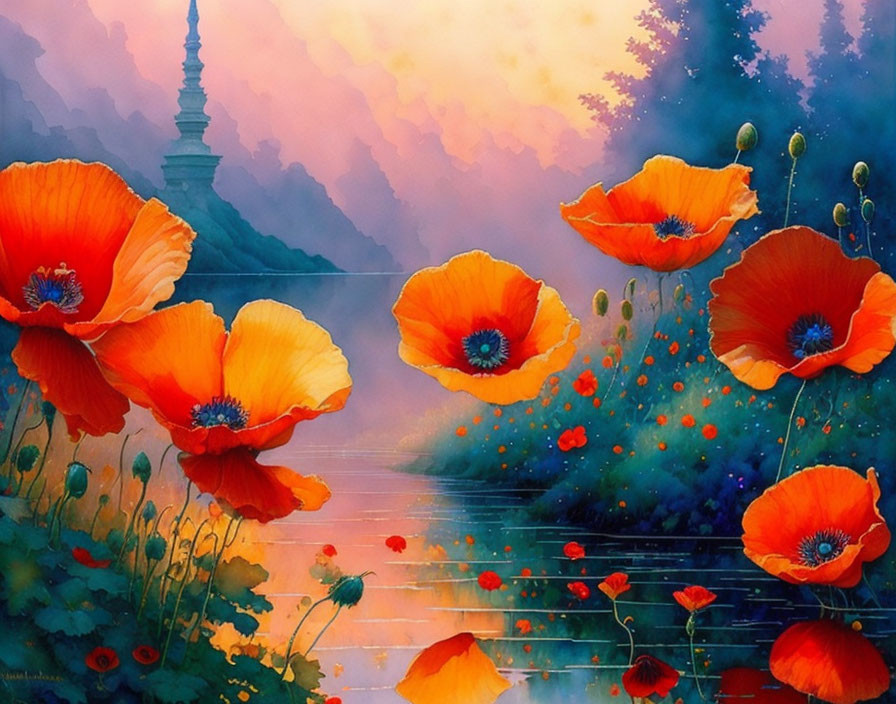 Vivid painting: Red-orange poppies, tranquil pond, pagoda silhouette