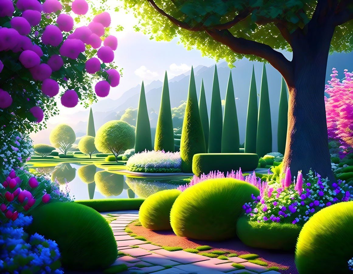 Lush Green Topiary and Pink Trees in Fantasy Garden