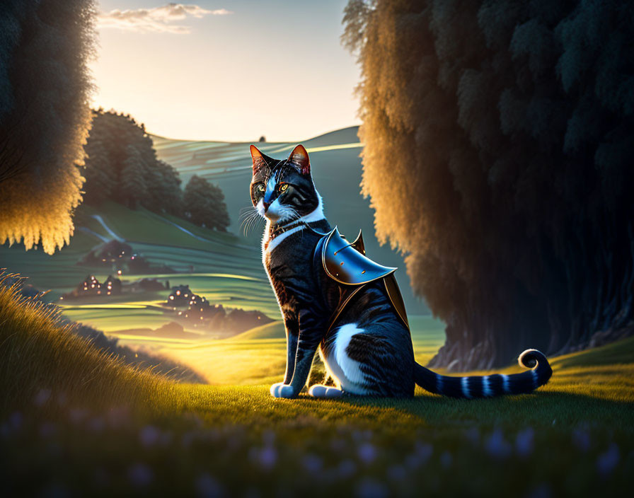 Cat in futuristic armor with blue eyes in fantasy landscape at sunset