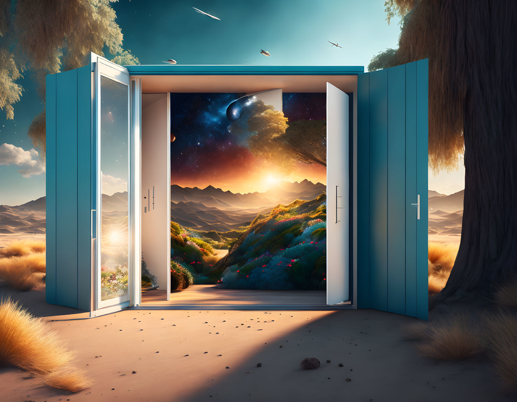 Surreal double doors in desert reveal vibrant green hills under starry sky