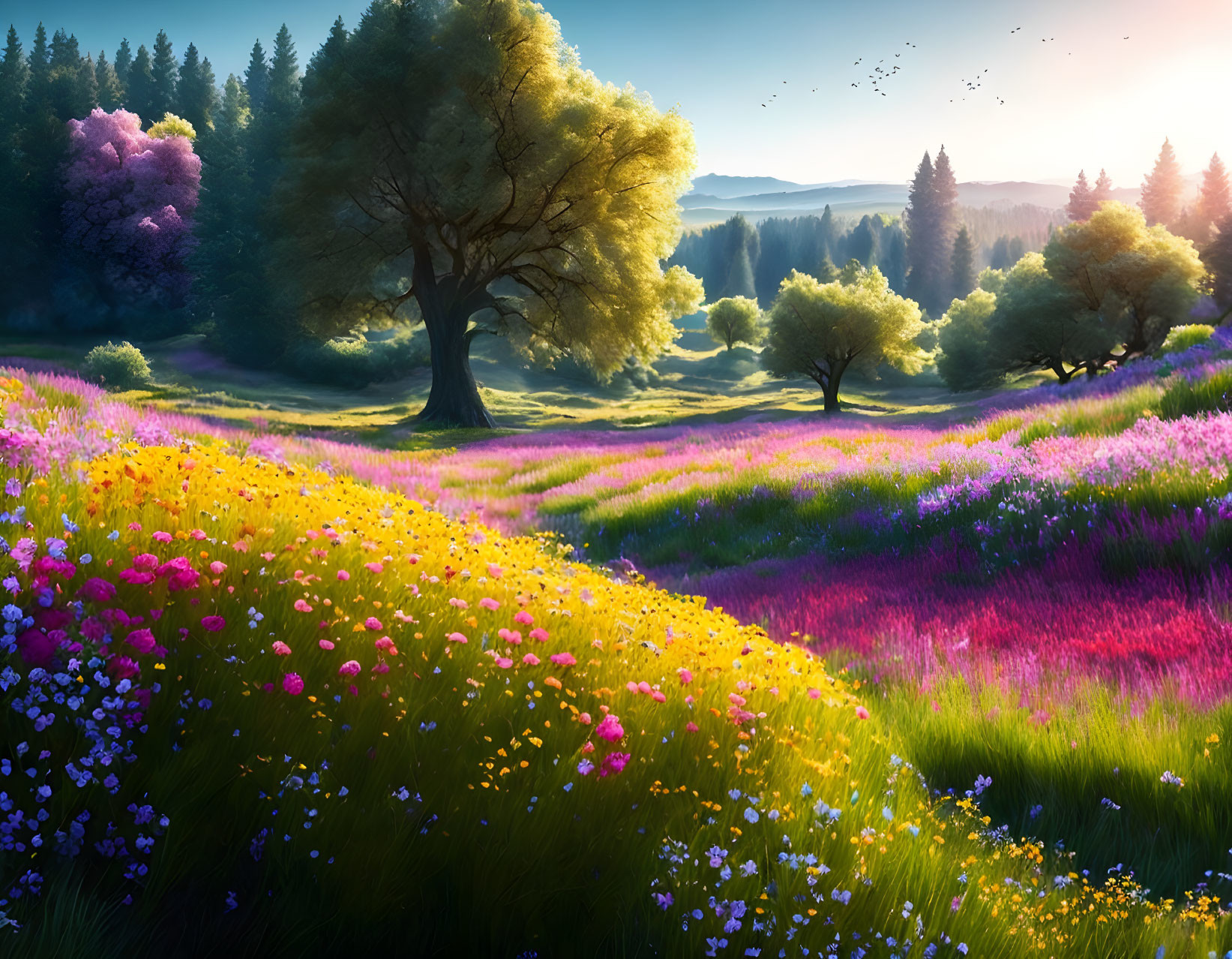 Colorful Sunrise Landscape with Pink and Yellow Flowers, Green Trees, and Distant Hills