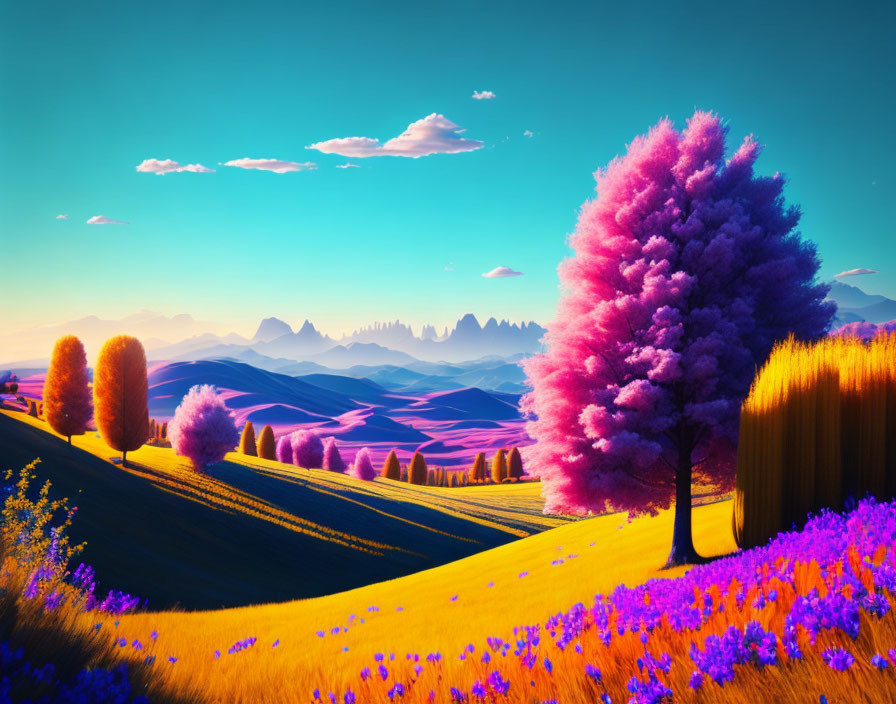 Colorful landscape with purple trees, golden fields, and blue flowers under clear sky