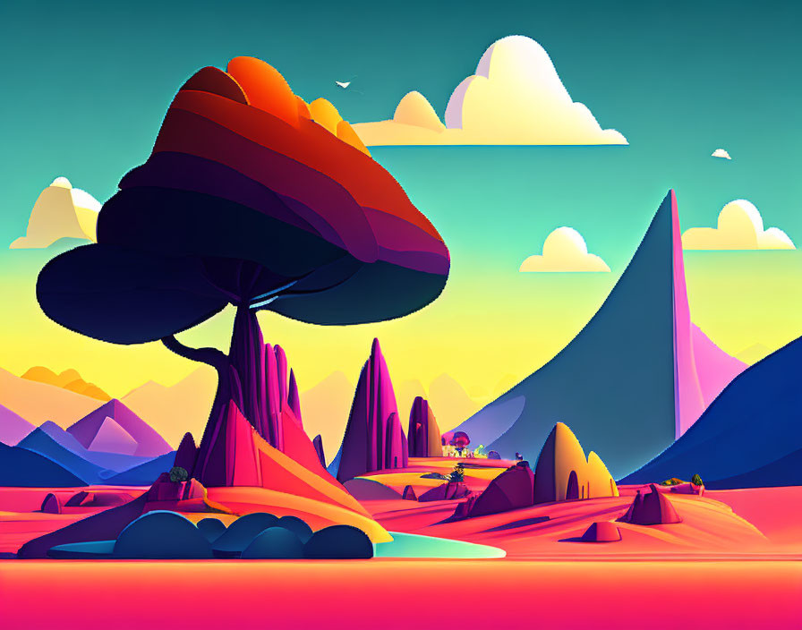 Colorful surreal landscape with stylized trees and mountains.