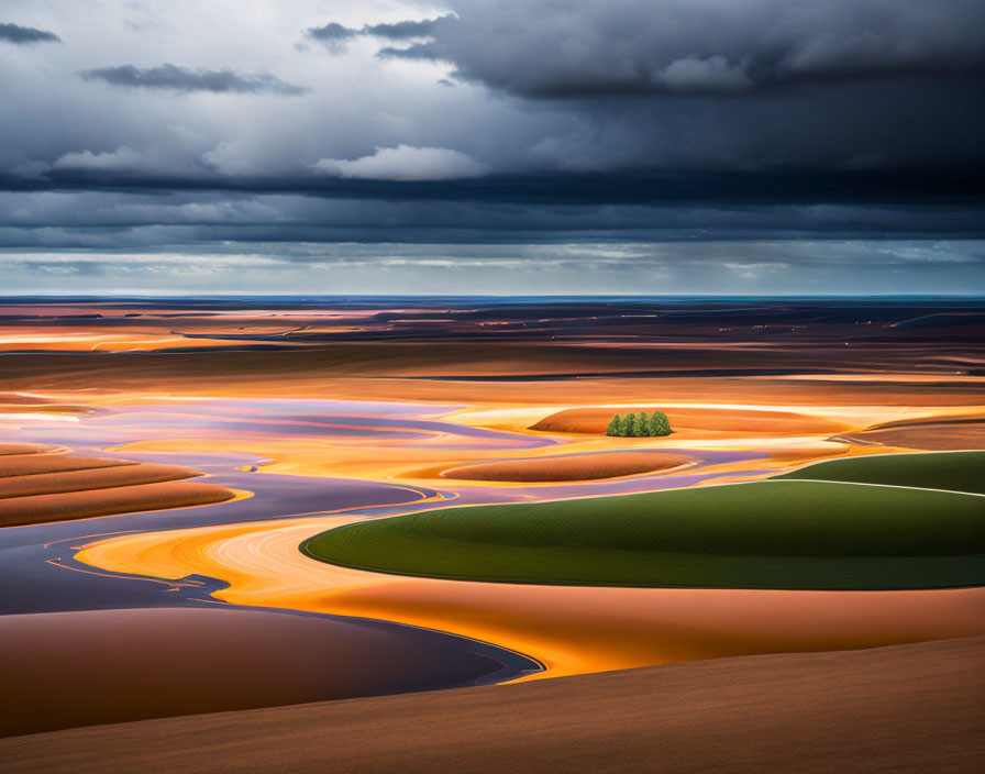 Dramatic landscape: golden sand dunes, water, stormy sky, trees