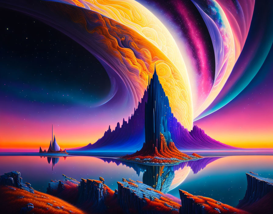 Colorful alien landscape: towering mountains, reflective lake, swirling planets.