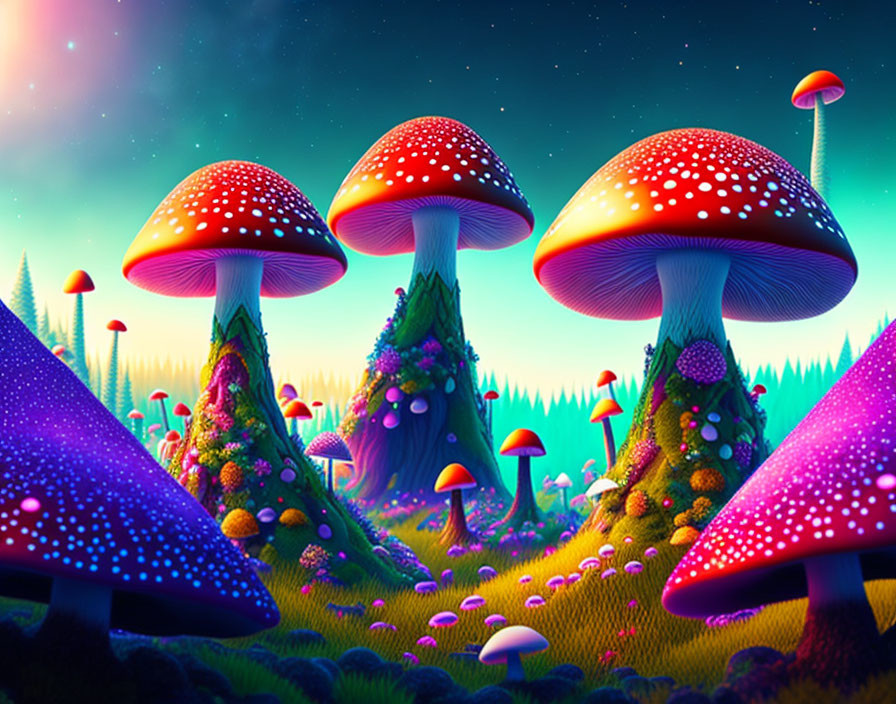 Fantasy Landscape: Luminescent Red Mushrooms in Twilight Sky