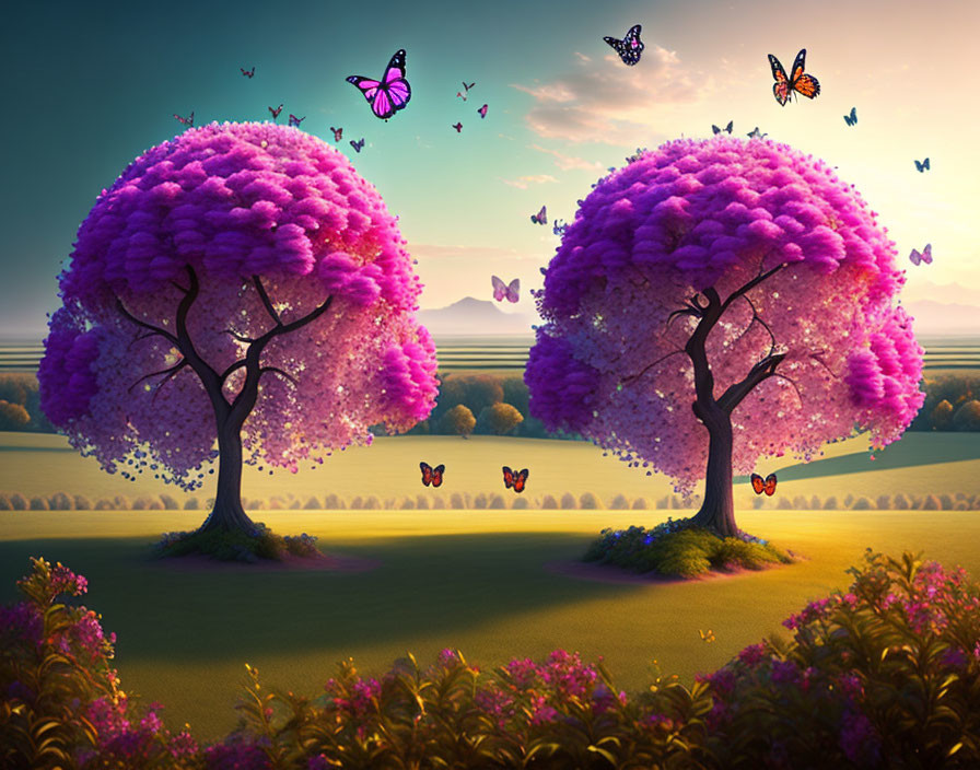 Whimsical purple canopy trees in serene sunset landscape