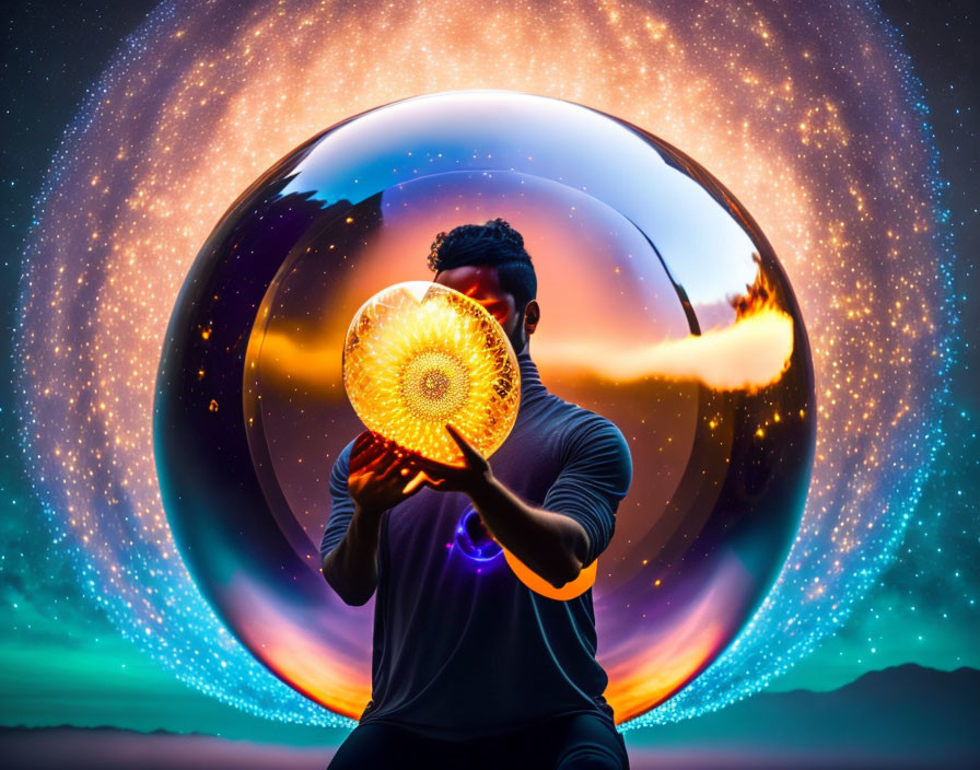 Fiery object held by person against cosmic backdrop with large reflective sphere