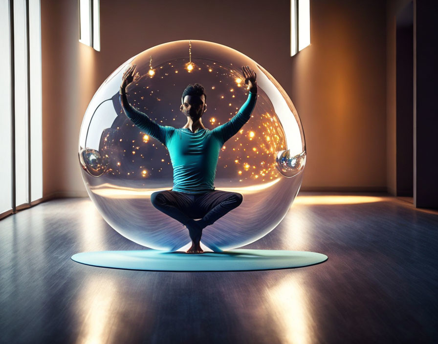 Meditating person in yoga pose inside glowing bubble in warm, dim room