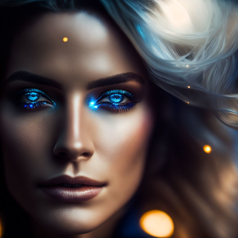 Close-Up Portrait of Woman with Blue Glowing Eyes and White Hair Against Warm Bokeh Lights