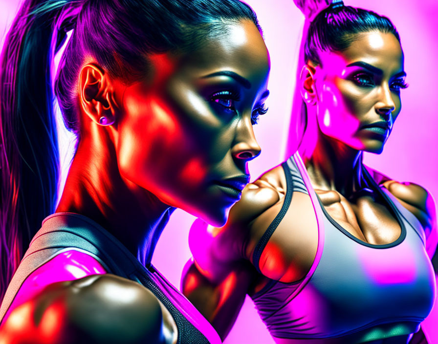 Athletic women portrait with defined musculature in neon lighting