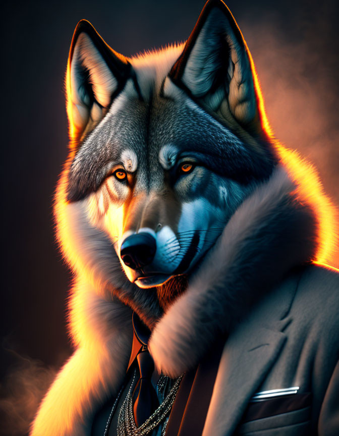Anthropomorphic Wolf Character in Suit and Tie with Piercing Gaze