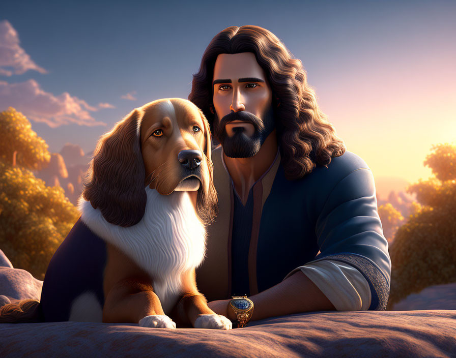 Man with Long Hair and Beard with Dog in Sunset Scene