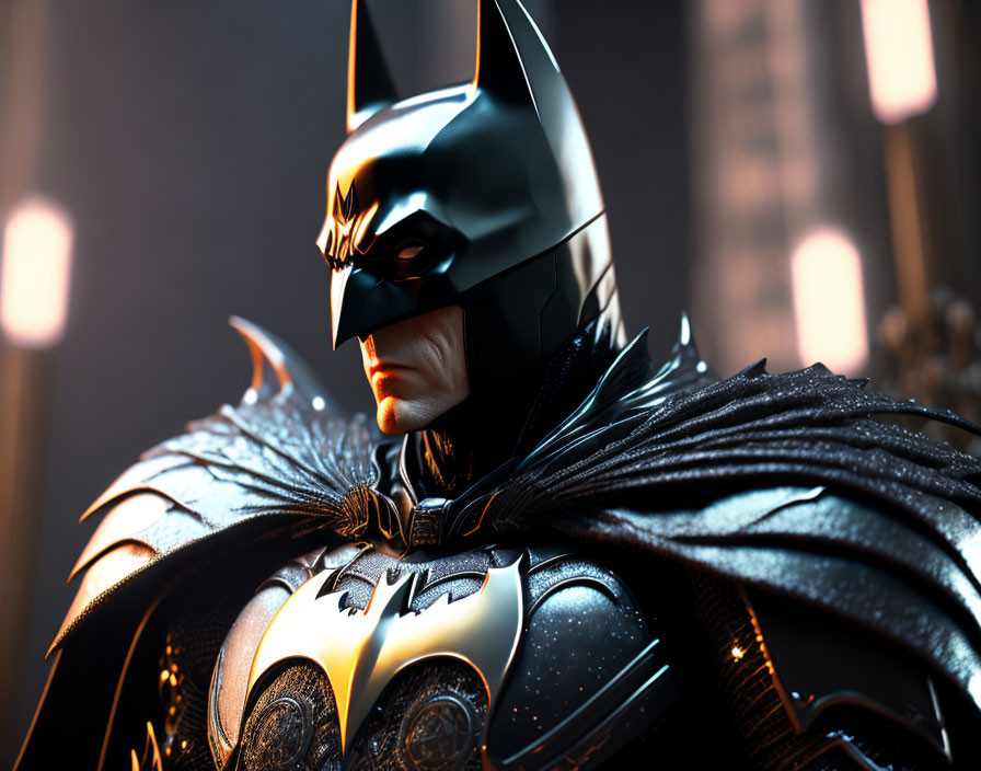 Detailed Batman Figure in Armored Suit & Cowl Against Cityscape Background