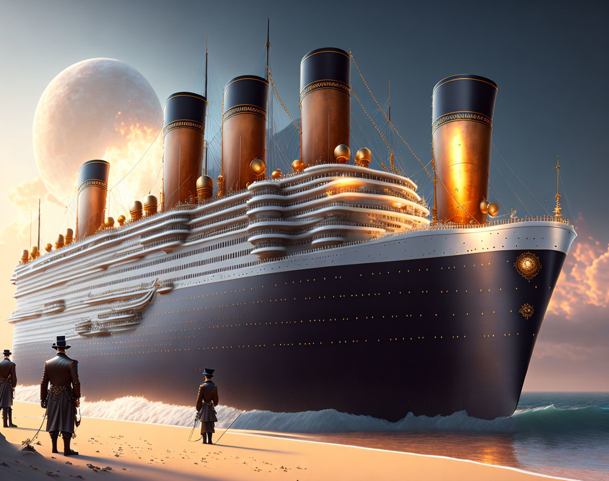 Vintage Ocean Liner Docked at Beach During Sunset with Onlookers in Period Clothing