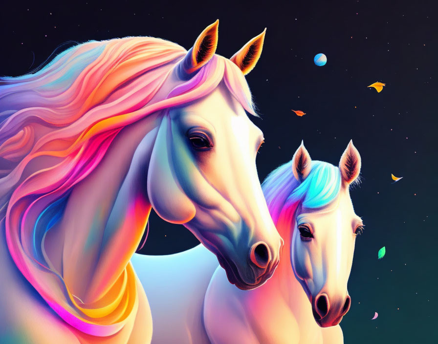 Colorful Cosmic Background with Two Vibrant Horses