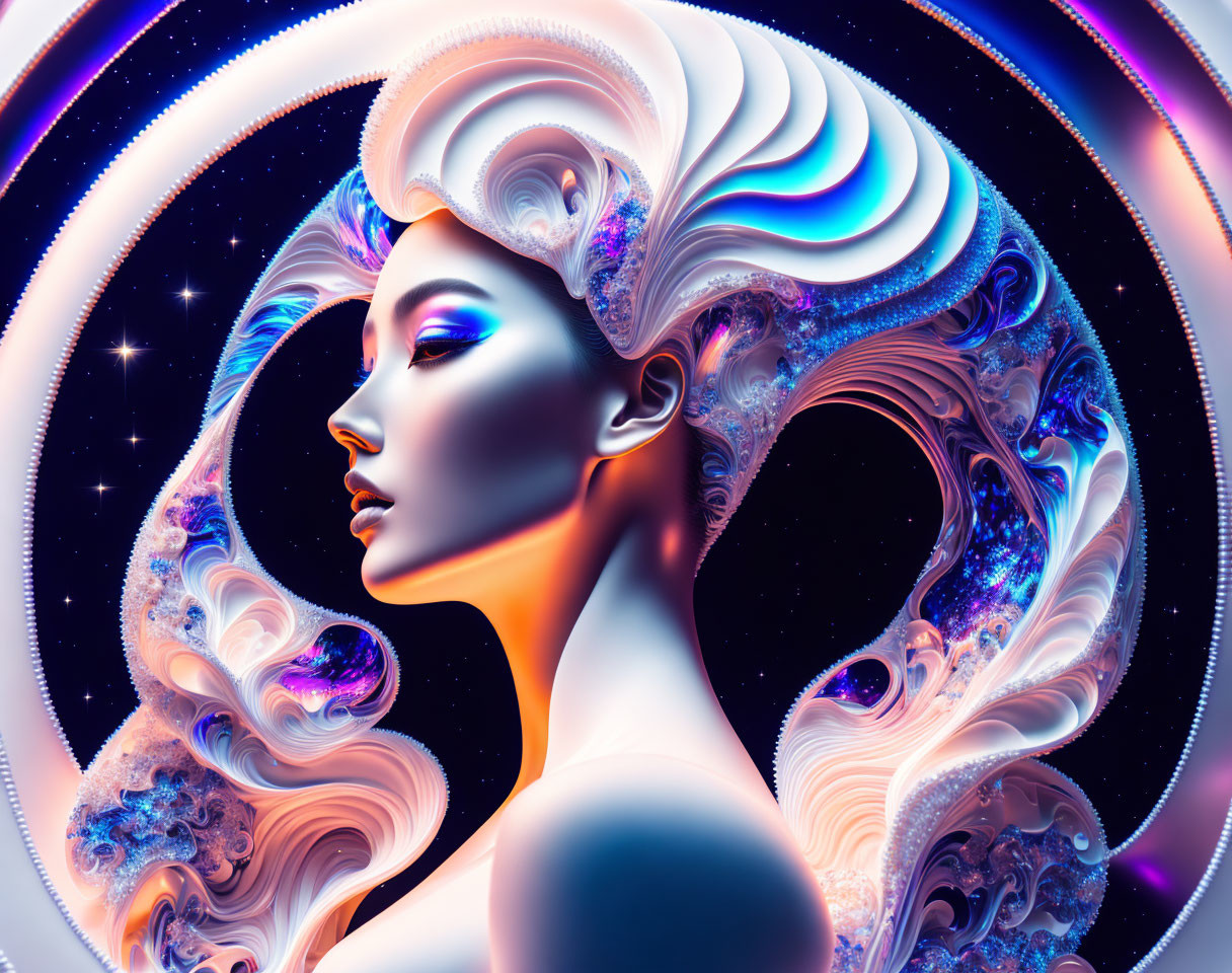 Surreal portrait of female figure with flowing hair in cosmic setting
