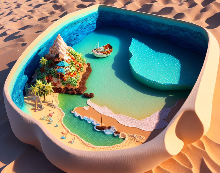 Miniature beach and ocean scene in large container surrounded by sand dunes