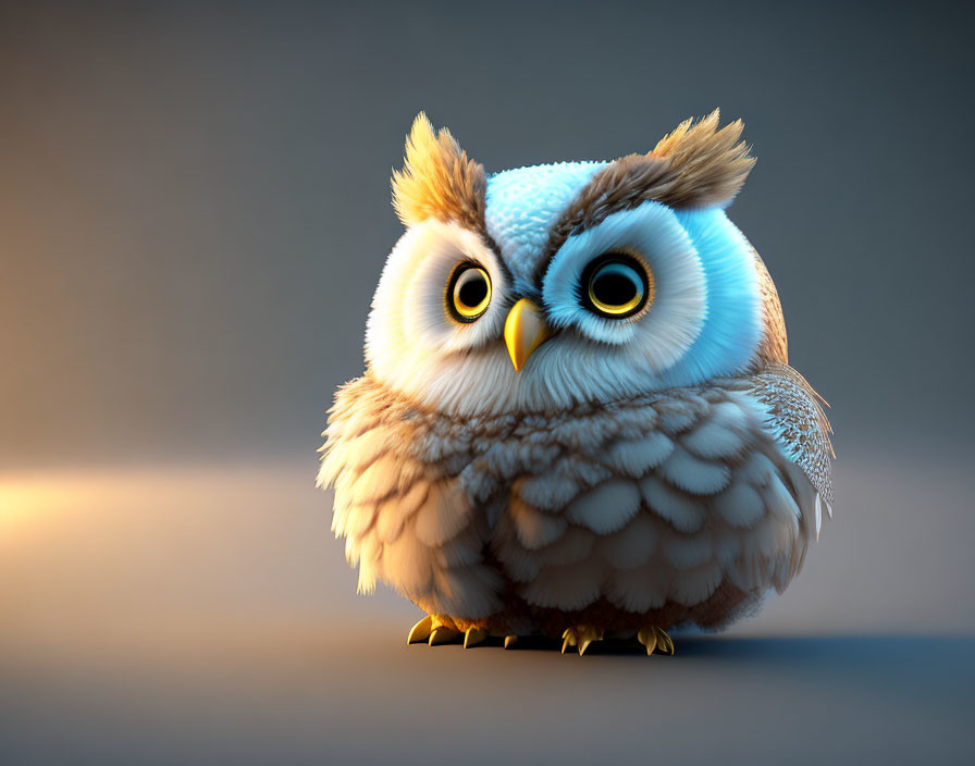 Fluffy Rotund Owl with Large Expressive Eyes and Detailed Feathers