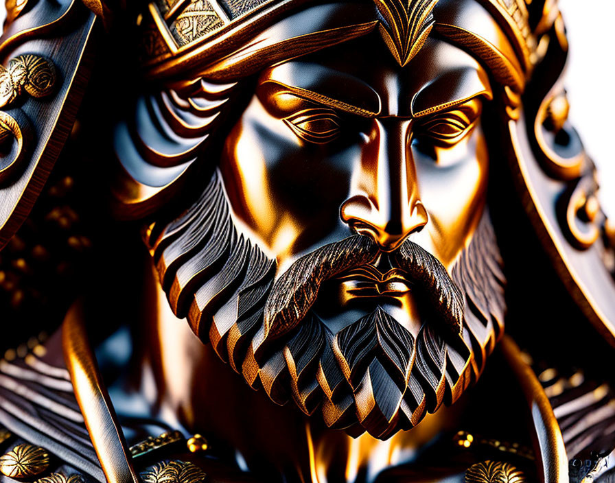 Detailed Bearded Male Figure Sculpture in Golden and Black Armor