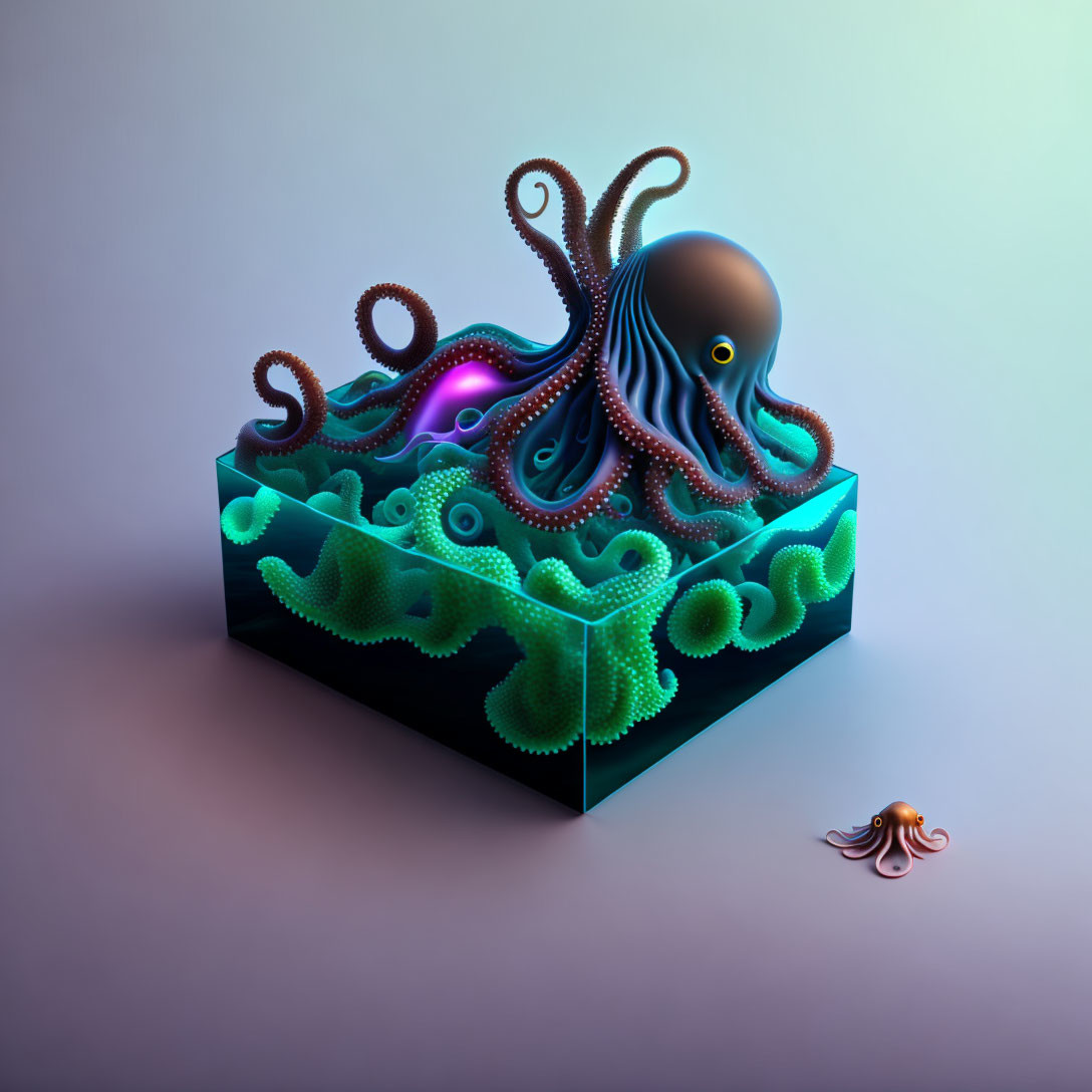 Surreal image: Large octopus with glowing tentacles in ocean scene