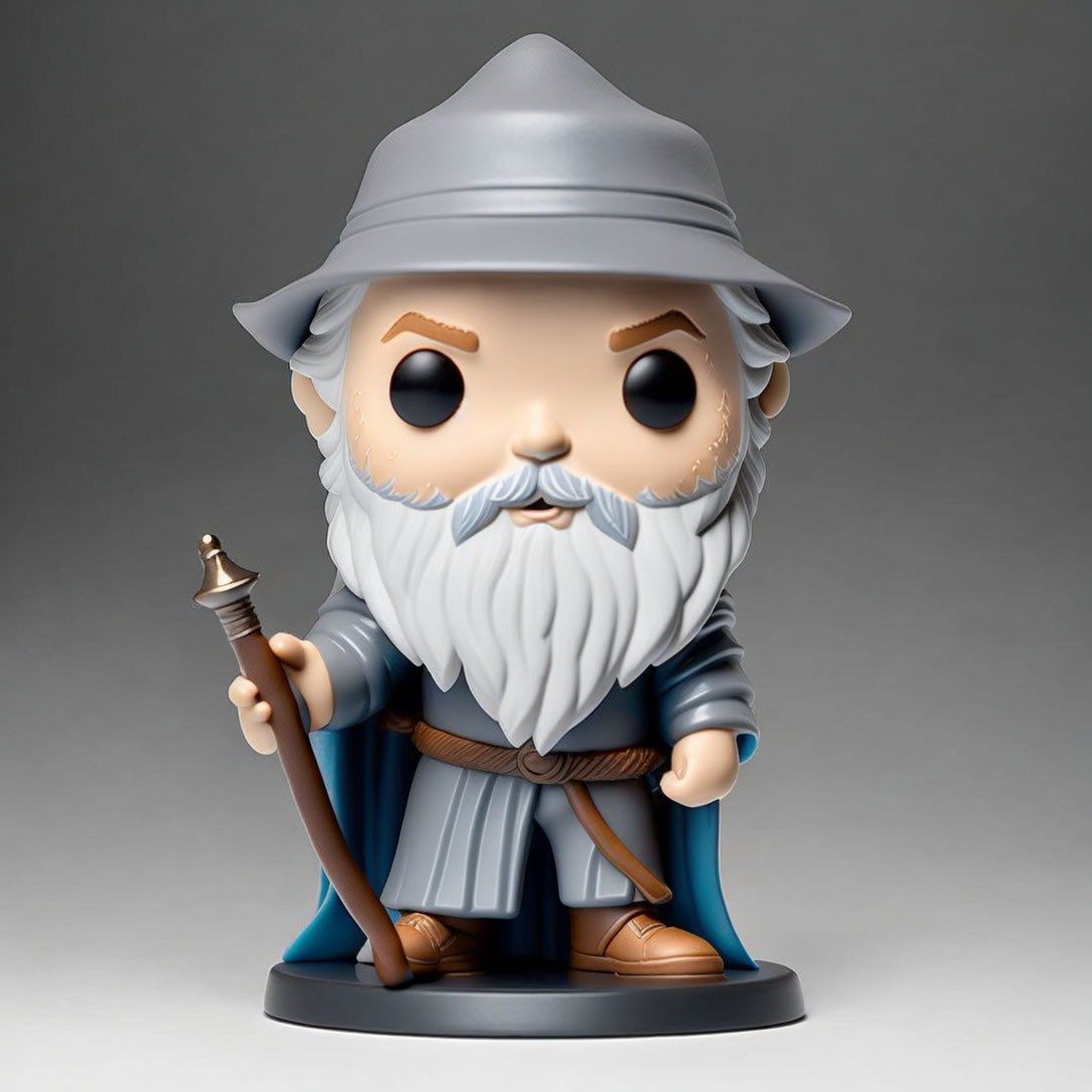 Collectible Toy: Stylized Bearded Wizard Figure in Blue Robe & Grey Hat