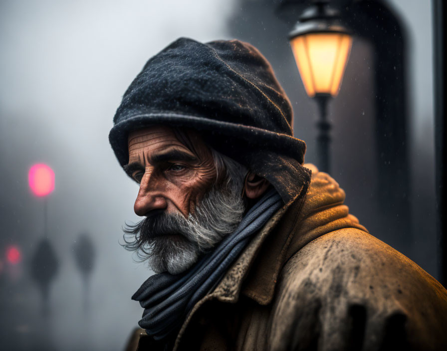 Elderly man in hat and scarf gazes contemplatively in foggy setting