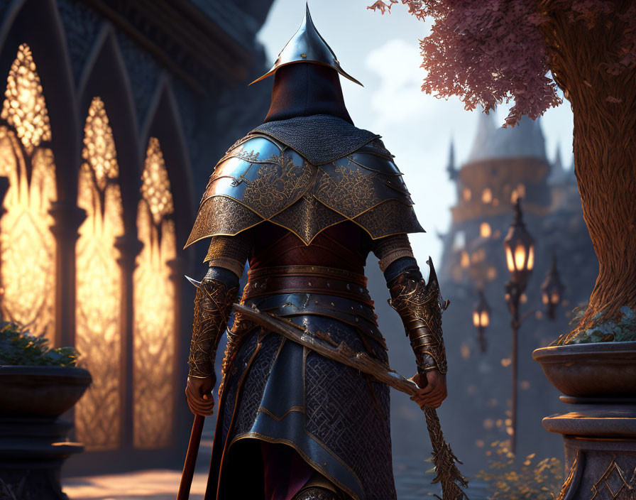 Knight in ornate armor at dusk by castle with Gothic architecture and blooming tree