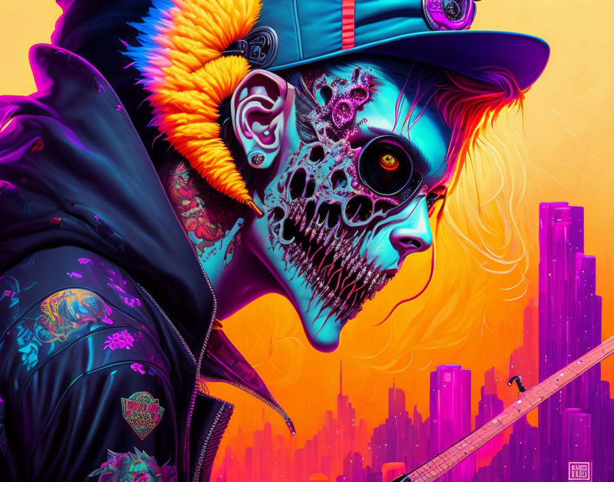 Colorful artwork of stylized person with half-skull face and cybernetic eye in neon city