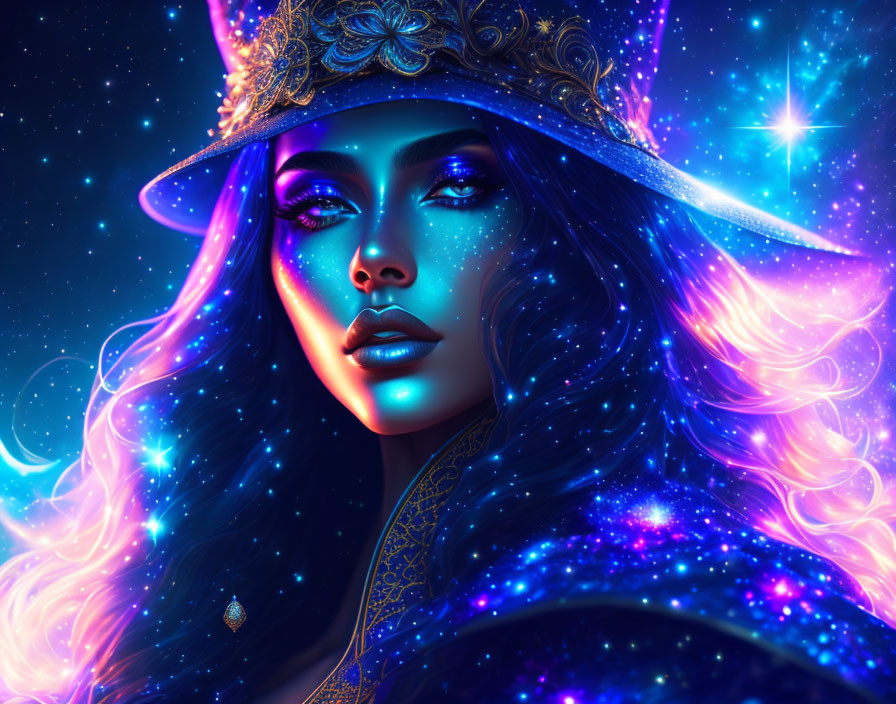 Blue-skinned woman with cosmic hair and golden headdress under night sky