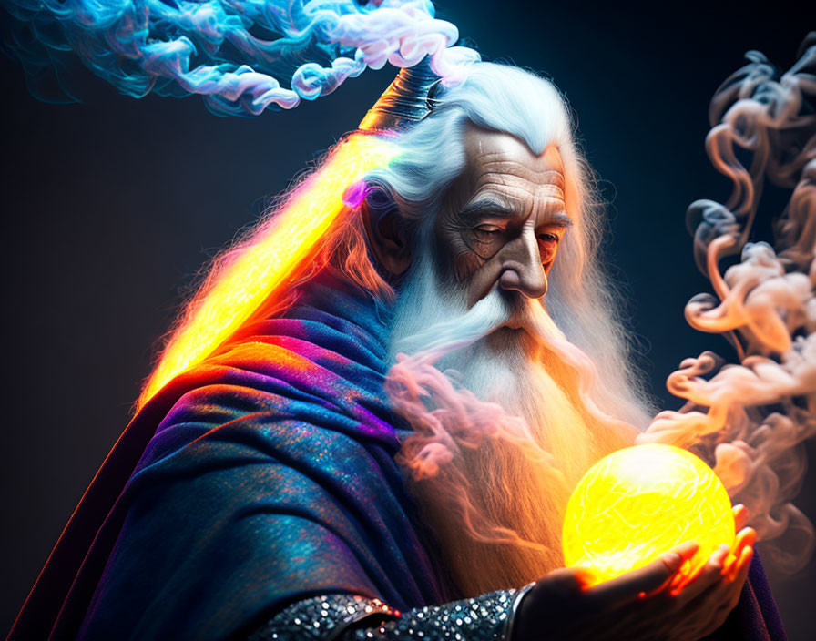 Elderly wizard with long white beard and glowing orb in magical scene