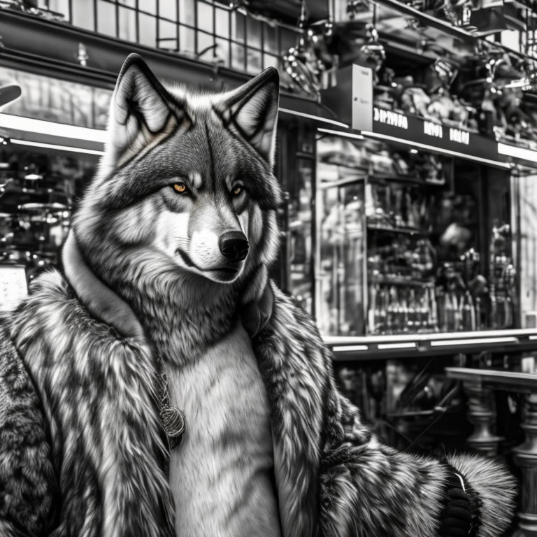 Anthropomorphic wolf character in fur coat with blurred store interior