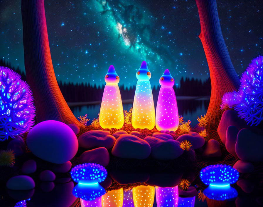 Colorful penguin-like creatures in digital artwork under starry sky