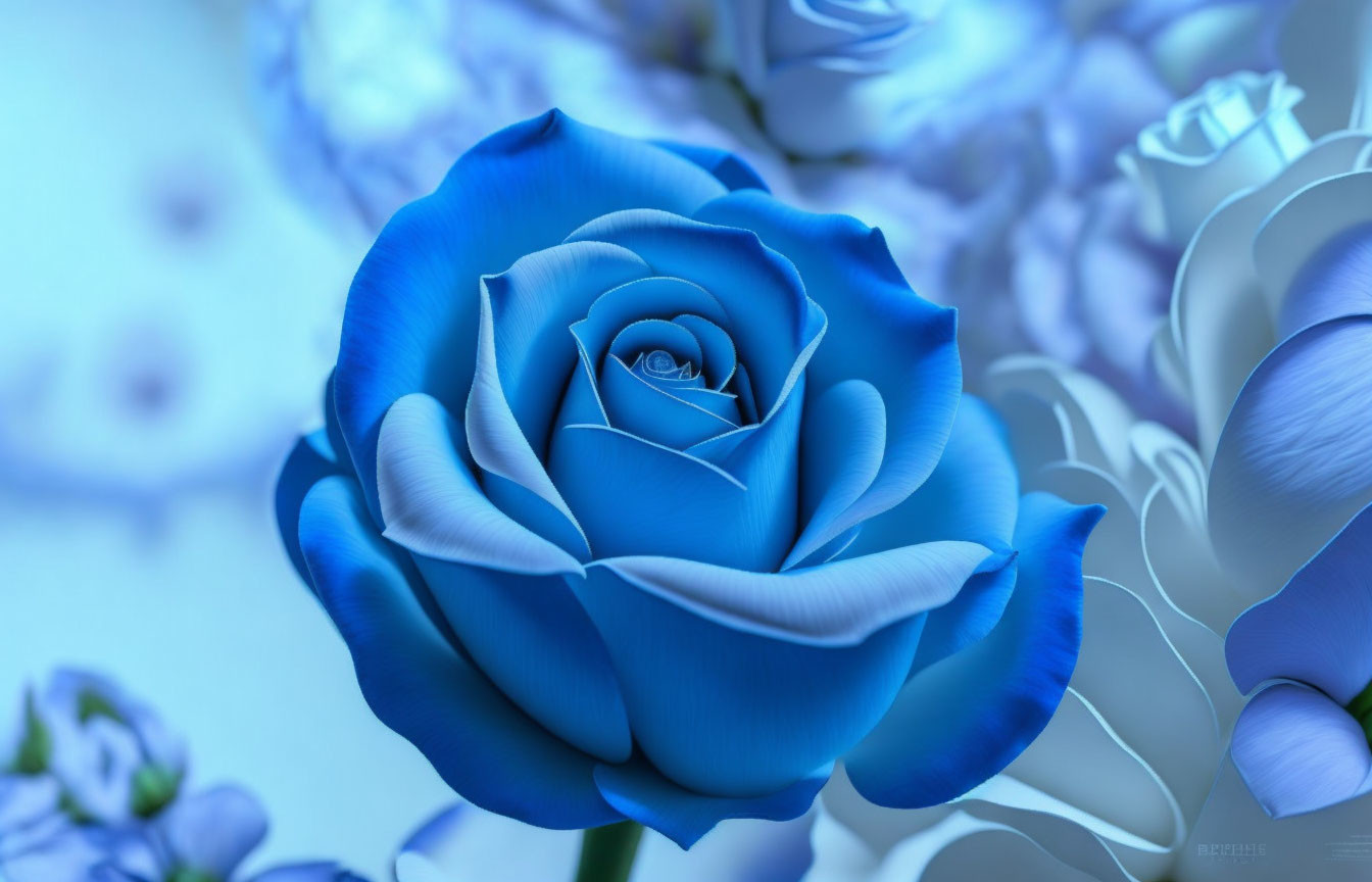 Vibrant blue rose in full bloom against soft-focus background