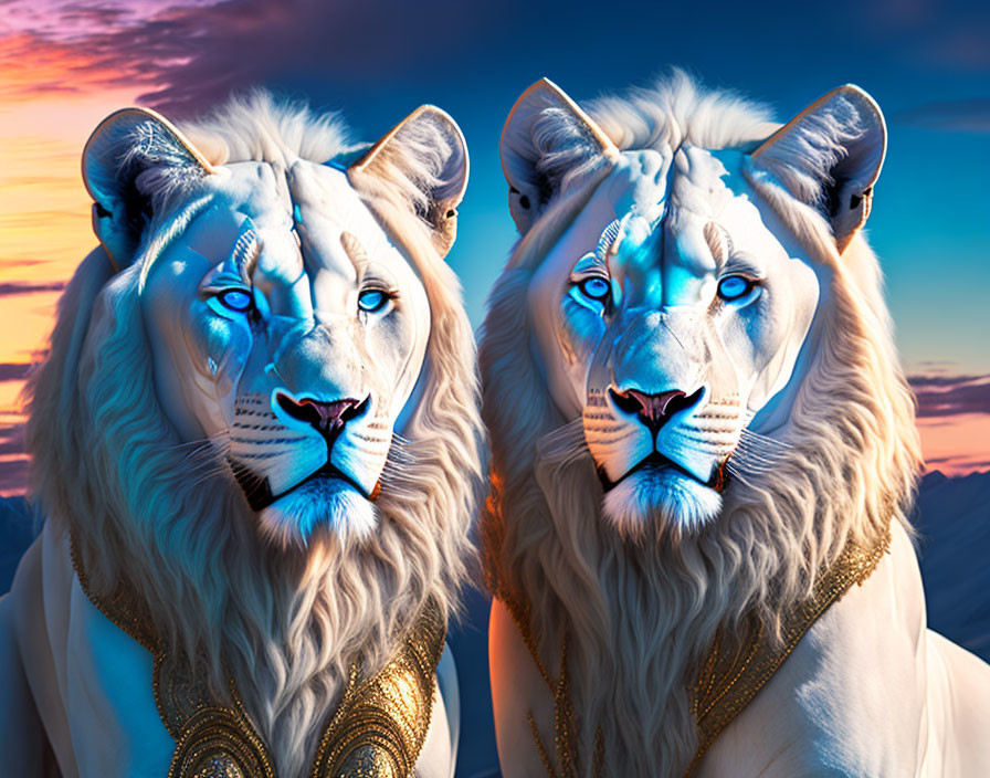 White lions with blue eyes in gold armor at sunset