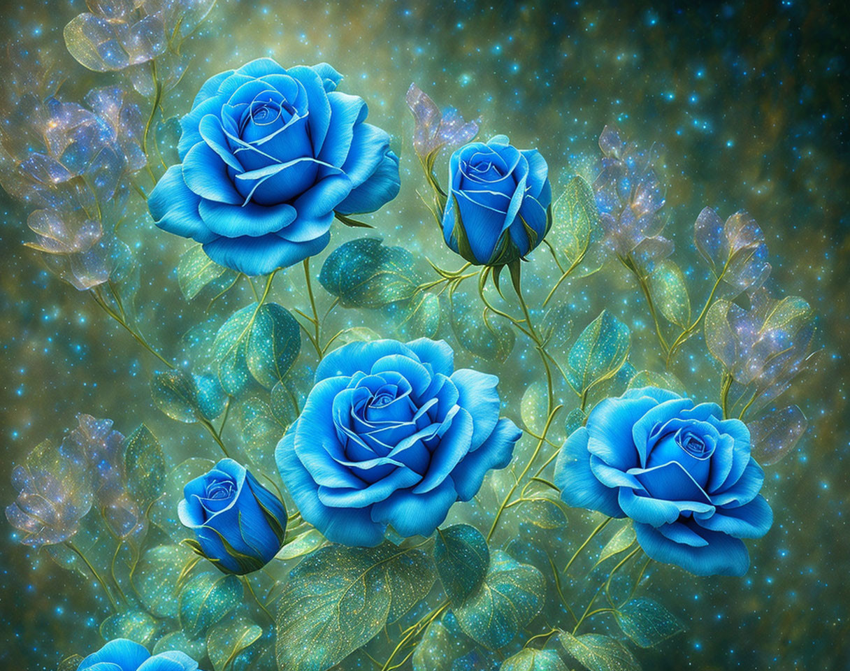 Glowing blue roses digital artwork on nebula background