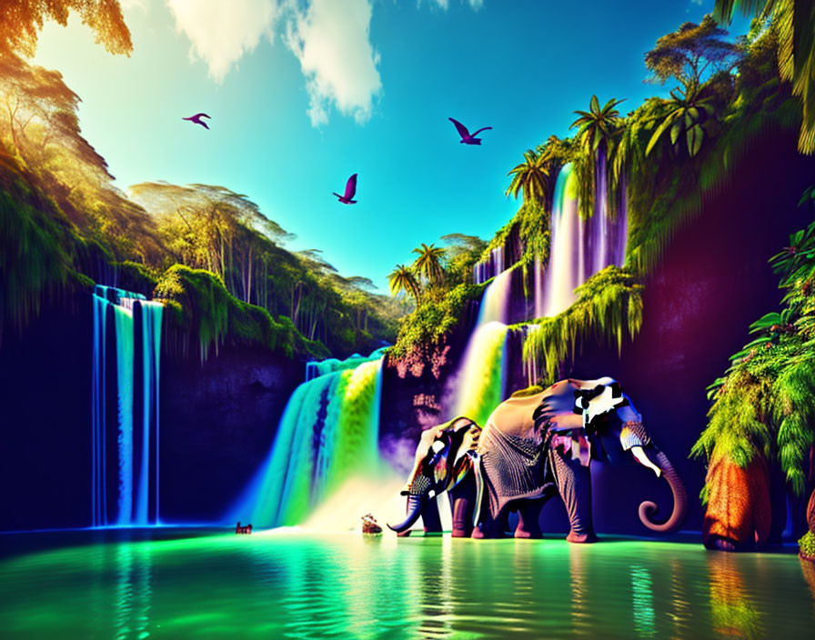 Colorful Elephant Painting by Waterfall in Lush Jungle