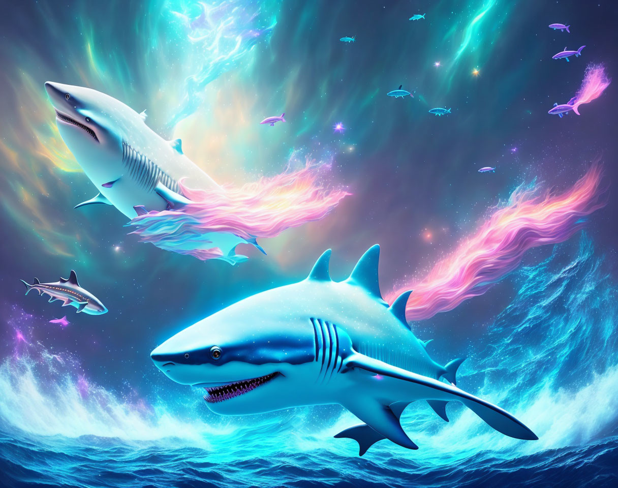 Surreal underwater scene with sharks and small fishes beneath cosmic sky and starry space elements