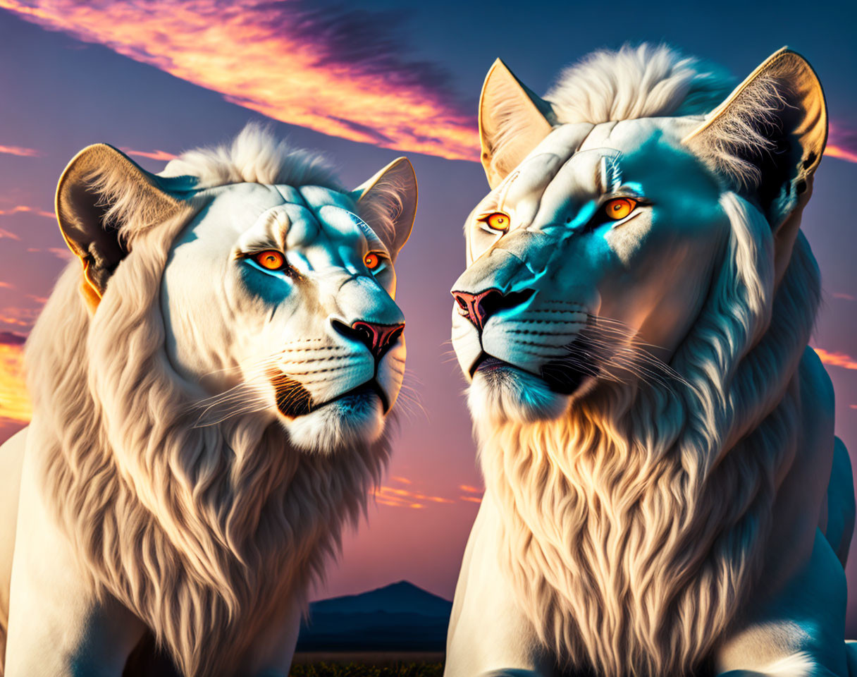 Majestic white lions with vivid blue eyes in dramatic sunset scene