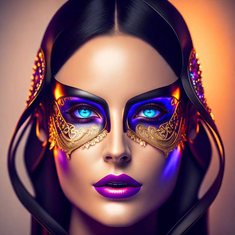 Portrait of Woman with Striking Blue Eyes and Gold Eye Masks