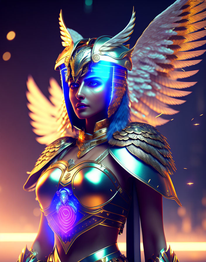 Futuristic warrior with blue visor and gold armor in neon-lit setting