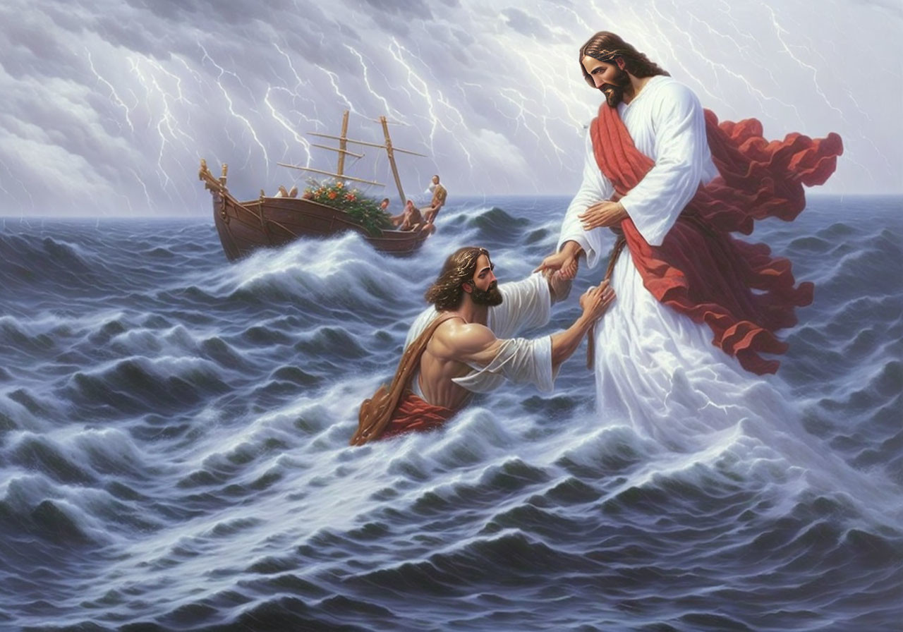 Man in white and red robes rescues another from stormy seas with boat and lightning.