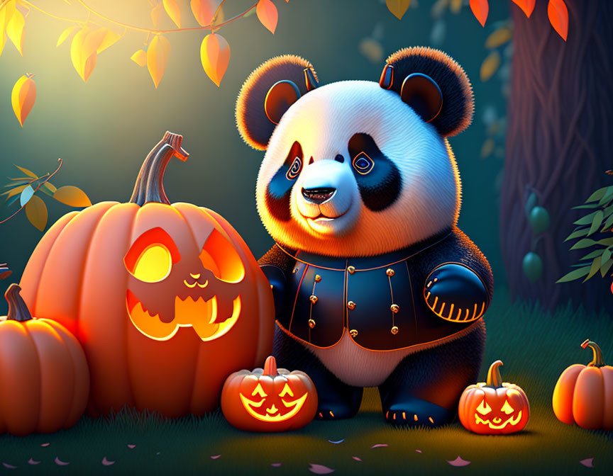 Stylized panda in black costume with pumpkins in autumn setting