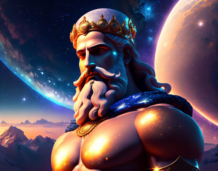 Majestic king with crown and beard in cosmic landscape