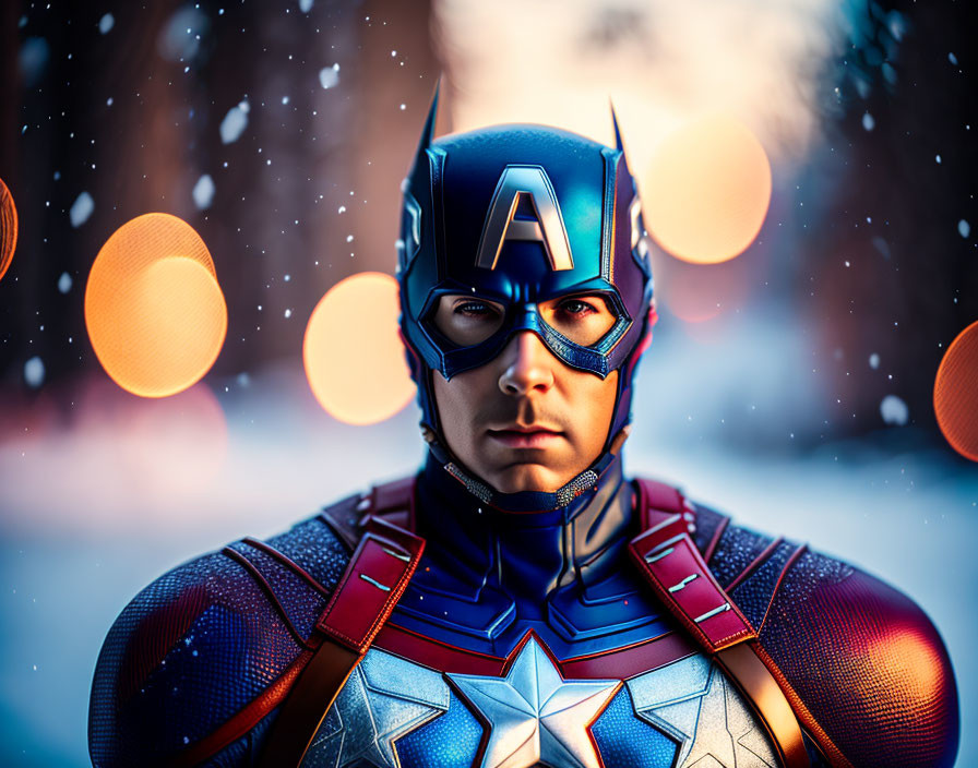 Detailed Captain America Costume with Serious Expression and Snowflakes Background