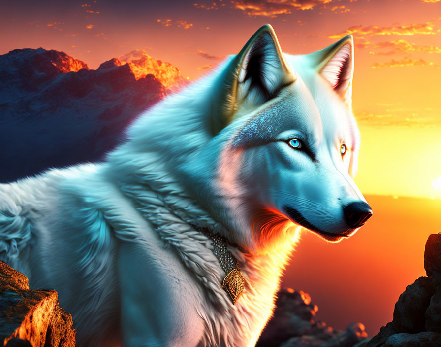 White Wolf with Blue Eyes on Rocky Peak at Sunset