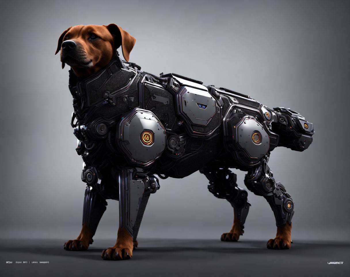 Realistic head on mechanical body: Futuristic robotic canine concept with detailed armor and joints