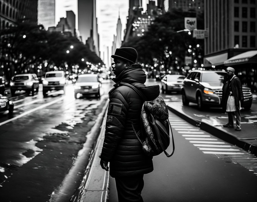 Person in winter attire at busy city crosswalk in black and white photo