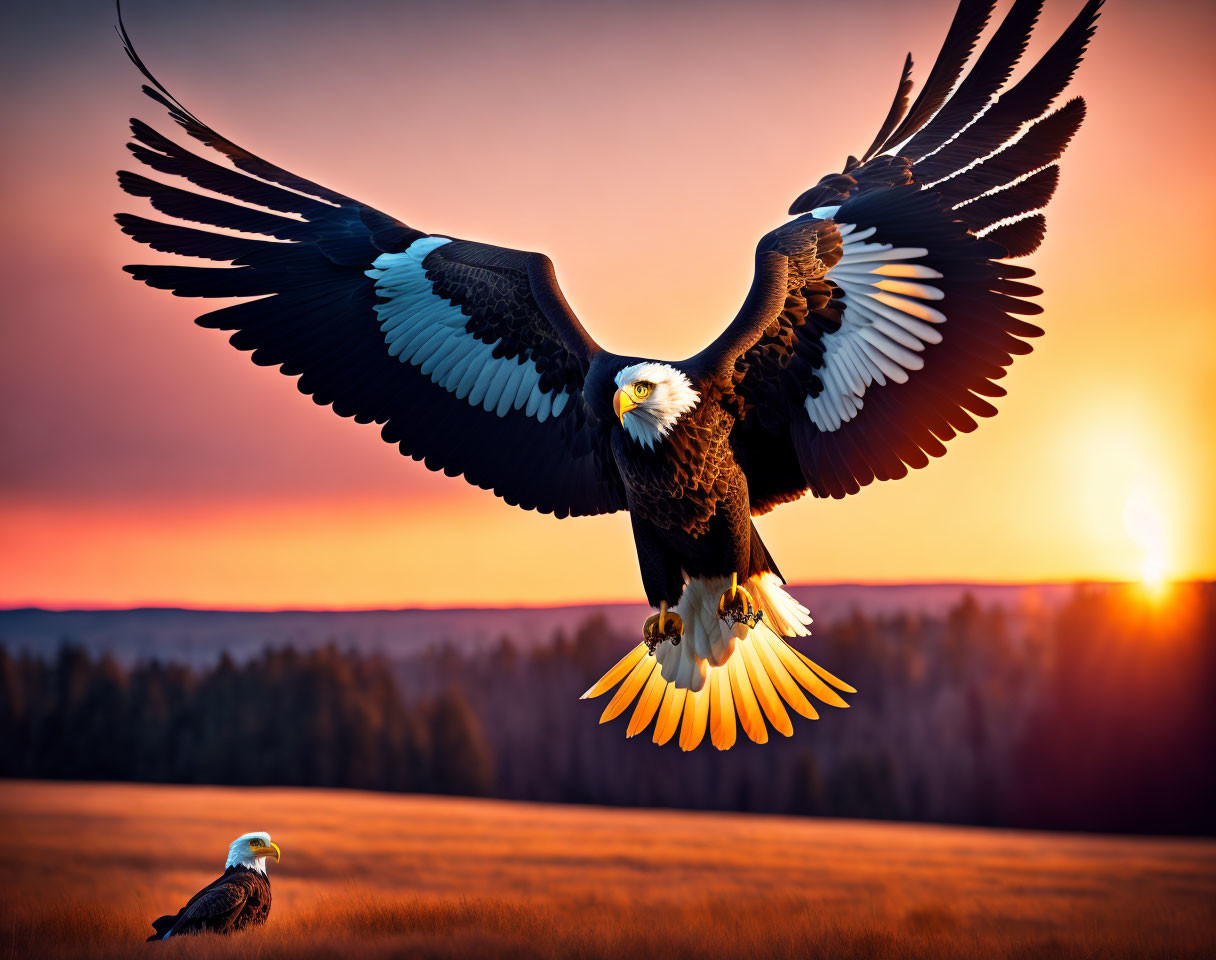 Bald Eagles in Flight and Resting at Sunset